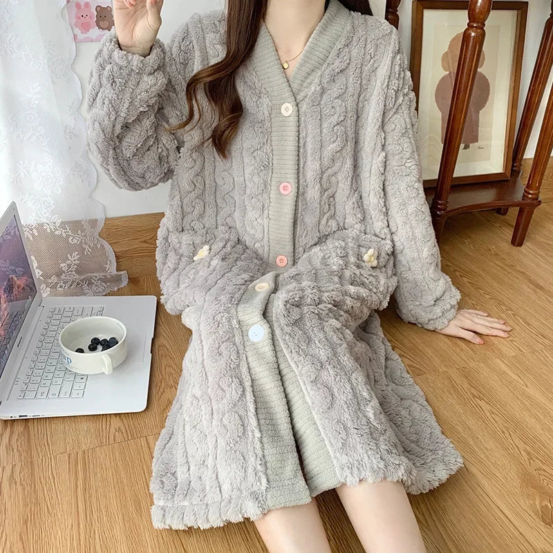 Thickened Flannel Sleepwear V-neck Home Clothes Women's Coral Fleece Robe Autumn Winter Patterned Fresh Flower Nightgown