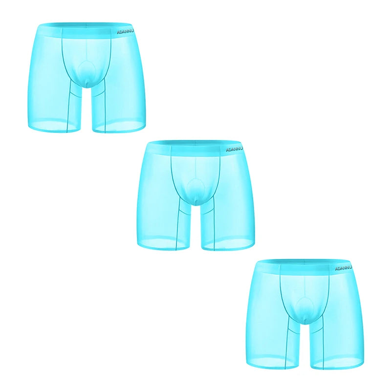 1/2/3 PCS Men's Ice Silk Boxers Transparent 0.01 Ultra-thin Fabric See Through Seamless Underwear antibacterial Boxer Shorts 3AD785-Blue