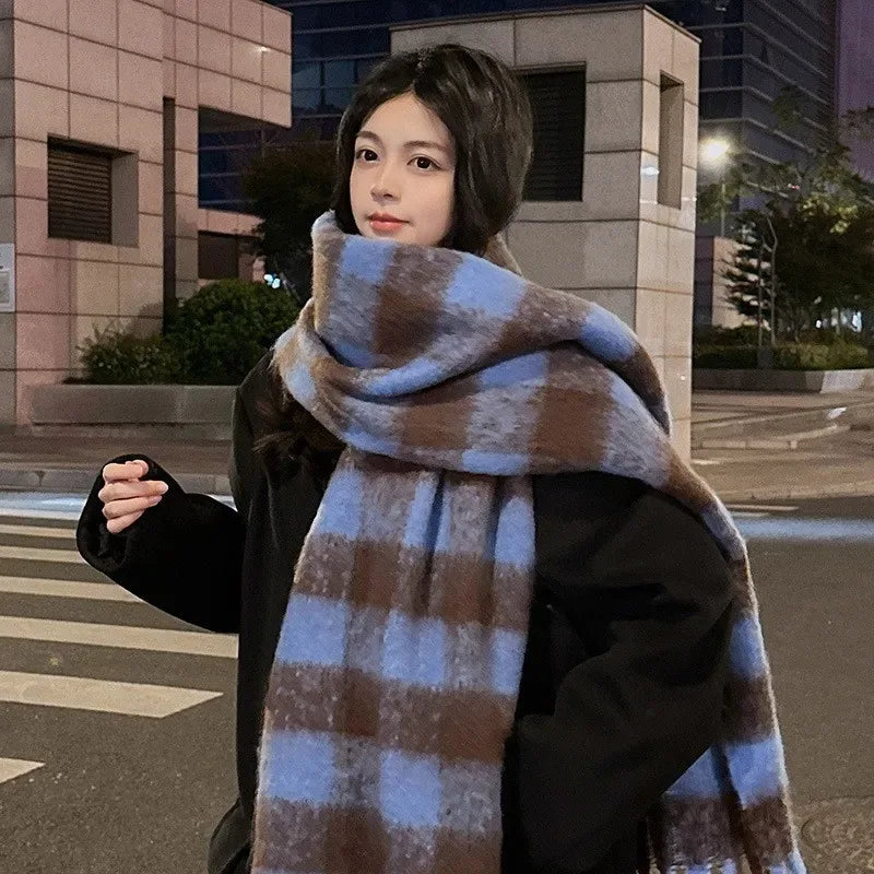 Women's Cashmere Winter Scarf – Thick Knitted Warm Shawl Large plaid blue]]