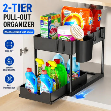 2-Tier Sliding Under Sink Organizer Pull Out Cabinet Storage Basket with Hooks Hanging Cup Kitchen Bathroom Space Saving Rack