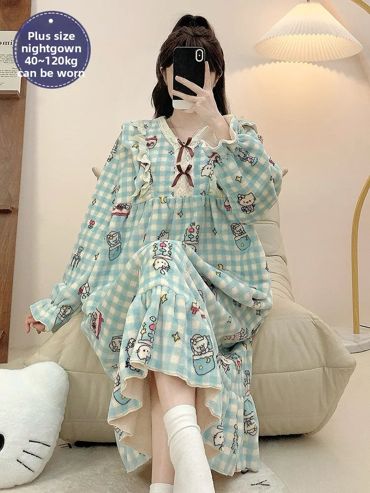 Thi Coral Fce Spwear Long Cartoon plus Size Materni Home Clothes Women's Autumn Winter Warm Flannel Nightgown