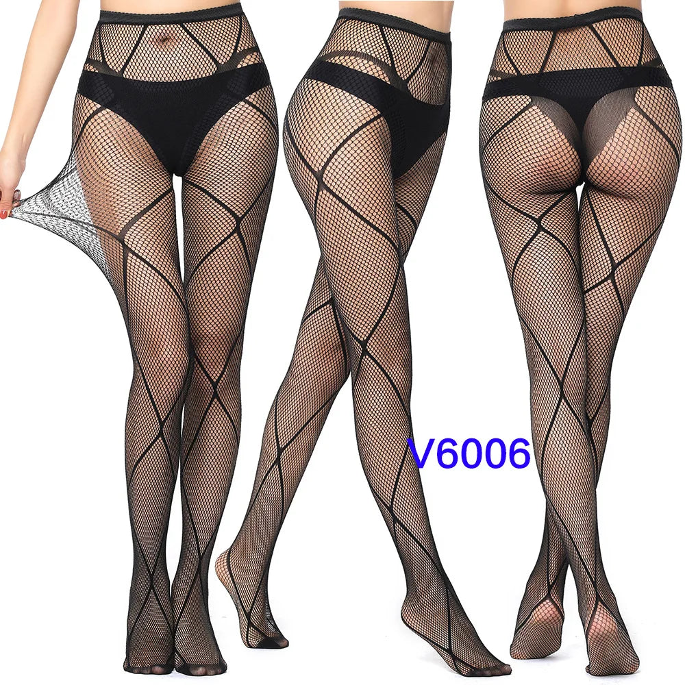 Women Sexy Fishnet Tights Jacquard Weave Seamless Pantyhose Yarns Garter Grid Fish Net Stockings Black Spider Gothic Lace Tights V6006 One Size