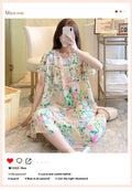 Sexy Nightwear Women Icy Floral Pattern Women Pajamas Dress Butterfly Print Student Sleepwear O- Neck Lace Mid-Length Nightgown