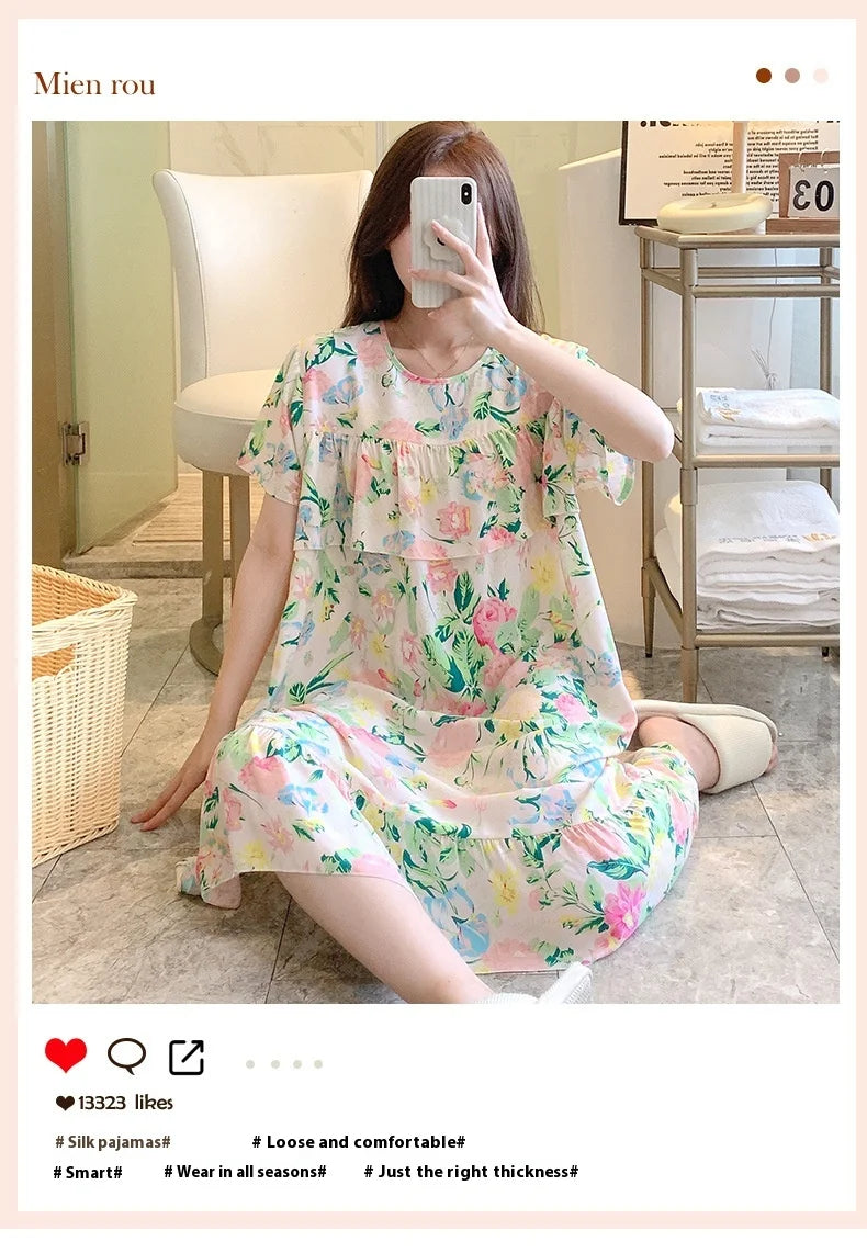 Sexy Nightwear Women Icy Floral Pattern Women Pajamas Dress Butterfly Print Student Sleepwear O- Neck Lace Mid-Length Nightgown