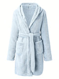 1 piece of women's solid color hooded robe with belt, cozy and warm fleece pajamas for home wear in autumn and winter.