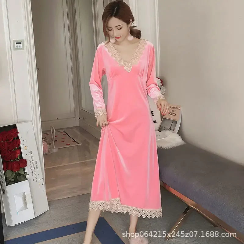 Plus Size 5XL Sleep Dress Women Winter Long Sleeve Sexy Luxury Velvet Spring Autumn Winter Style Korean Version Velvet Nightgown
