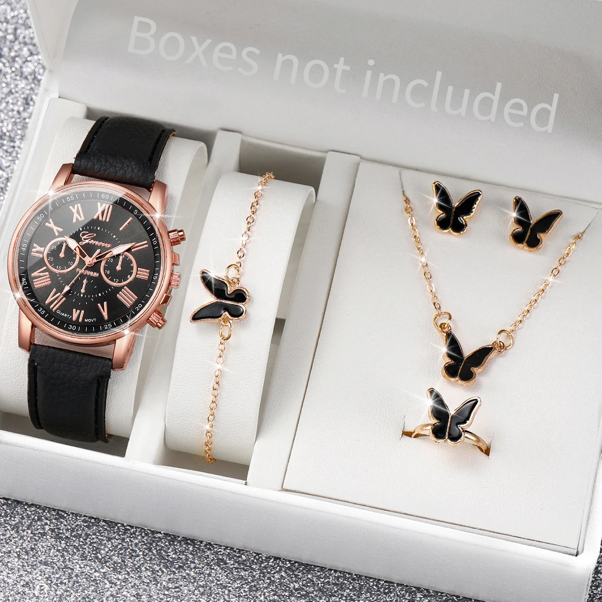 5/6PCS Fashion Women's Quartz Watch Leather Band Analog Wrist Watches Heart Rhinestone Jewelry Set(Without Box) B Without Box
