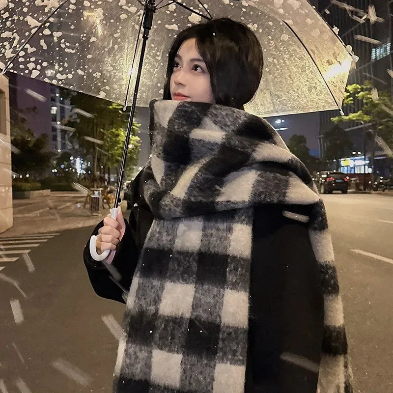 Women's Cashmere Winter Scarf – Thick Knitted Warm Shawl Large Plaid [black and white]]