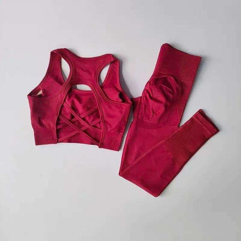 2PCS Sports Bra Women's Set Professional Fitness Tank Top Bra Shockproof Running Leggings Yoga Suit Beautiful Back Bra Clothing Encore red China Mainland