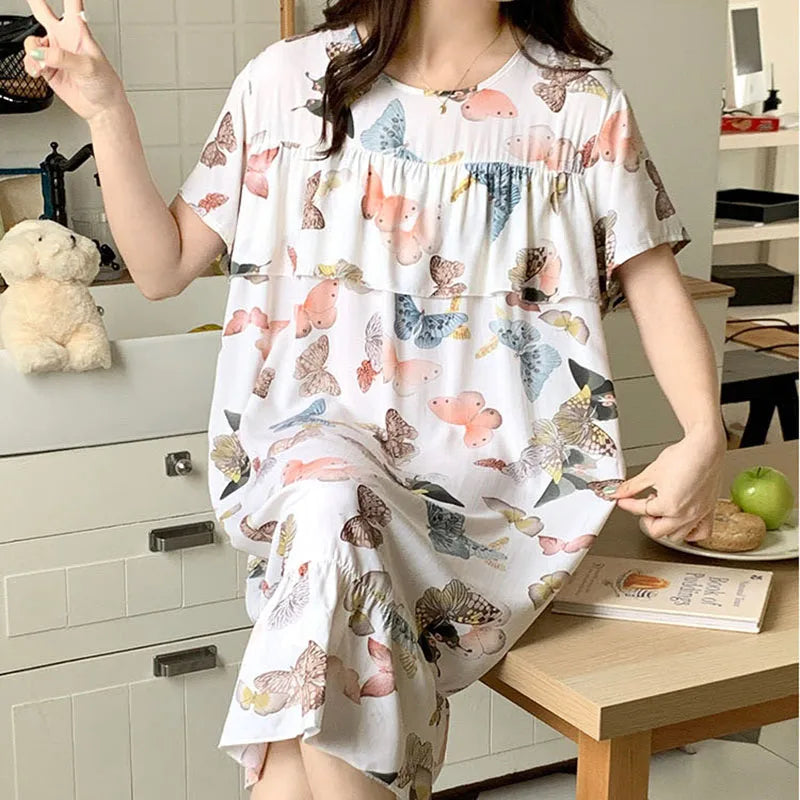 Sexy Nightwear Women Icy Floral Pattern Women Pajamas Dress Butterfly Print Student Sleepwear O- Neck Lace Mid-Length Nightgown