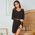 Women's Long-Sleeve Nightgown for Autumn & Winter Pullover Version Lace Panel Craft Fake Placket Decoration Loungewear
