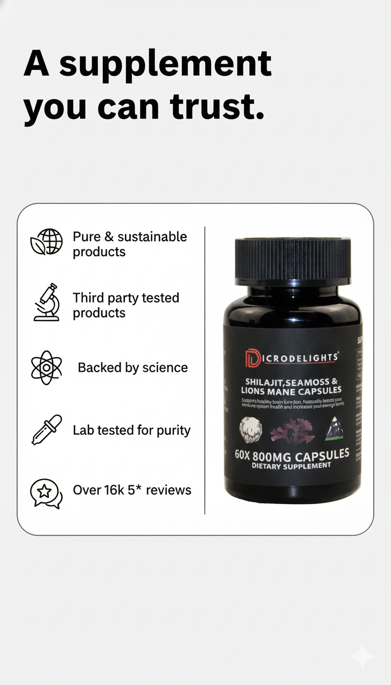 Buy Shilajit Sea Moss & Lion’s Mane Vegan Capsules – 800mg Daily Wellness Formula (60 Capsules)