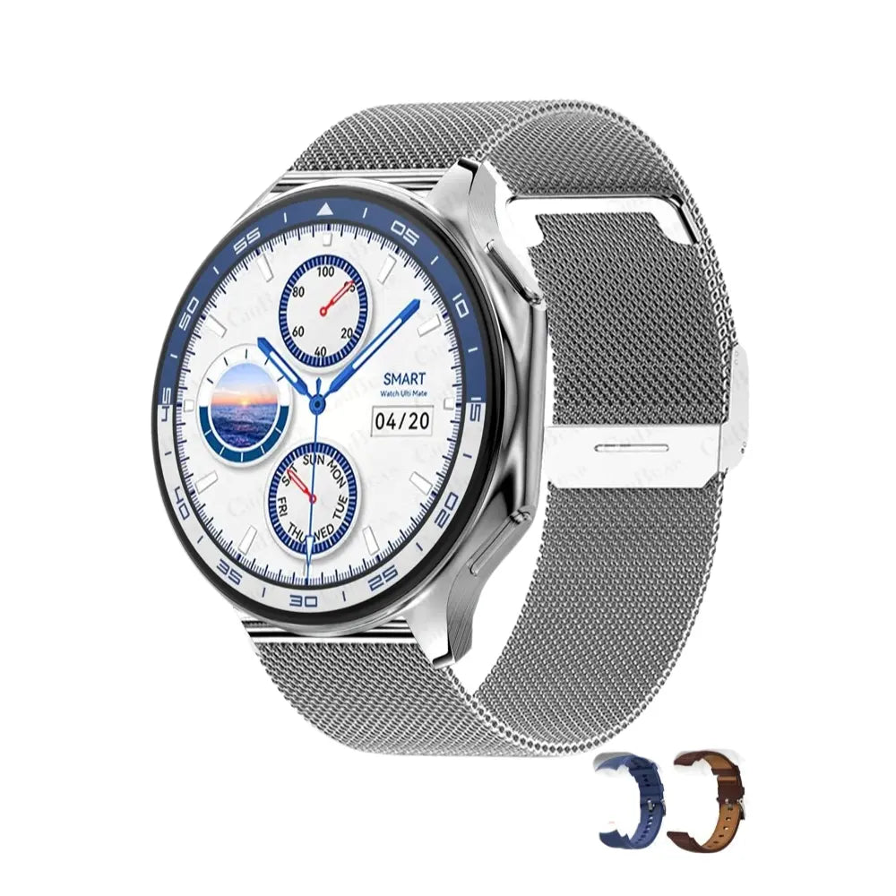 Bluetooth Call AMOLED Smartwatch for Men Waterproof Silver mesh belt