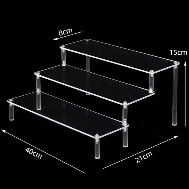 Tiered Display Stand for Figures with Clear or Wood Effect Shelves 3 tier 40x8cm