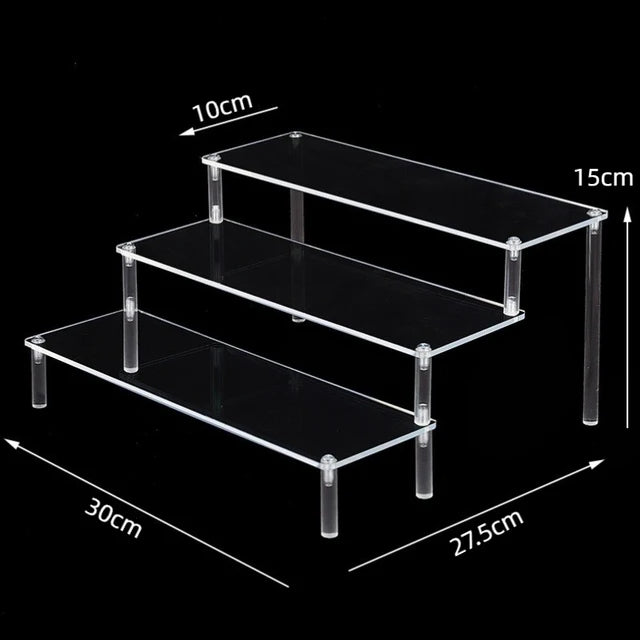 Tiered Display Stand for Figures with Clear or Wood Effect Shelves 3 tier 30x10cm