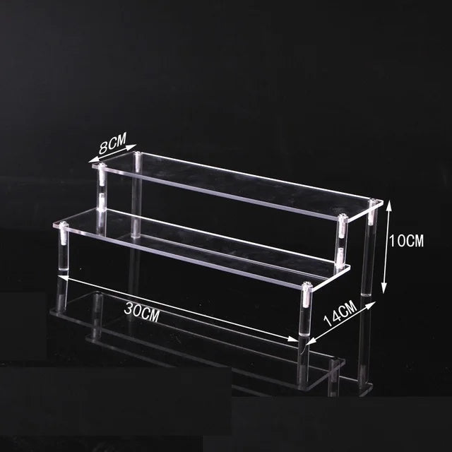 Tiered Display Stand for Figures with Clear or Wood Effect Shelves 2 tier 30x8cm