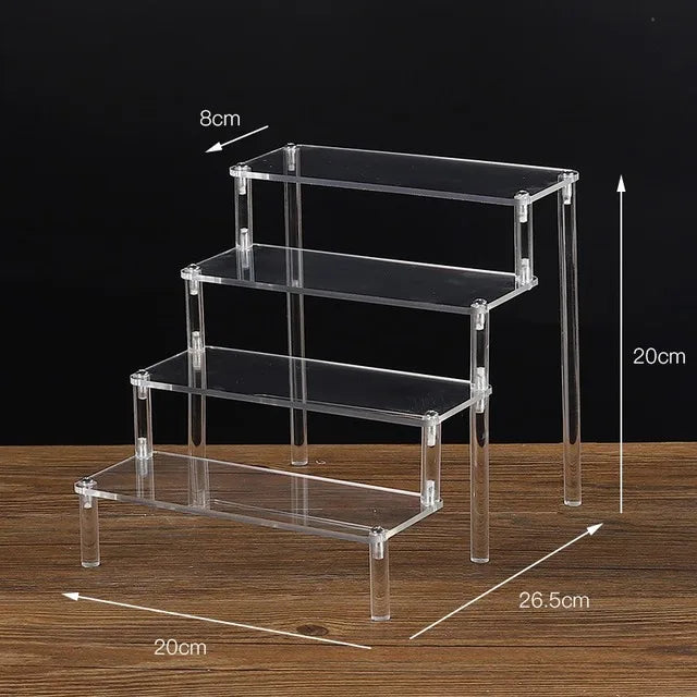 Tiered Display Stand for Figures with Clear or Wood Effect Shelves 4 tier 20x8cm