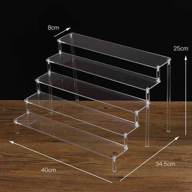 Tiered Display Stand for Figures with Clear or Wood Effect Shelves 5 tier 40x8cm