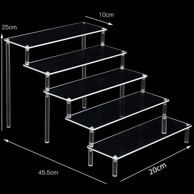 Tiered Display Stand for Figures with Clear or Wood Effect Shelves 5 tier 20x10cm