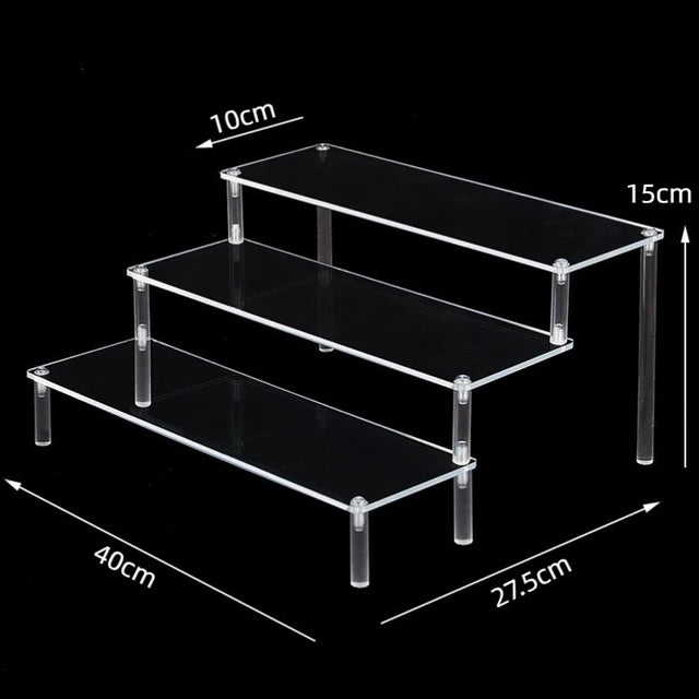 Tiered Display Stand for Figures with Clear or Wood Effect Shelves 3 tier 40x10cm