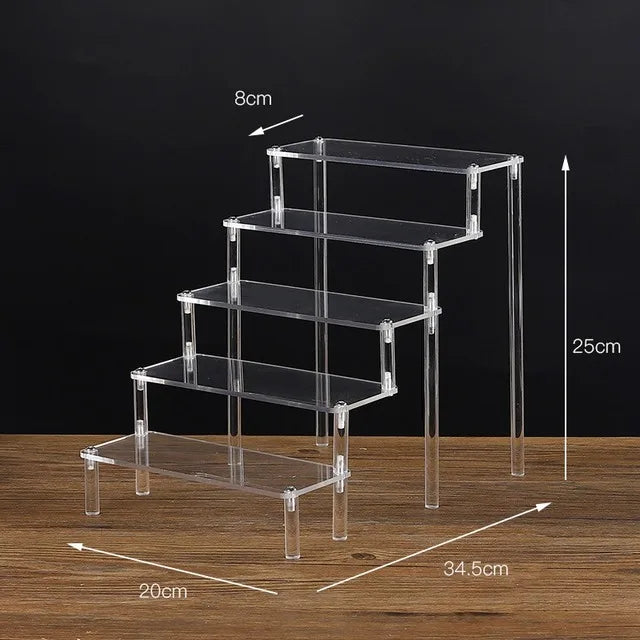 Tiered Display Stand for Figures with Clear or Wood Effect Shelves 5 tier 20x8cm