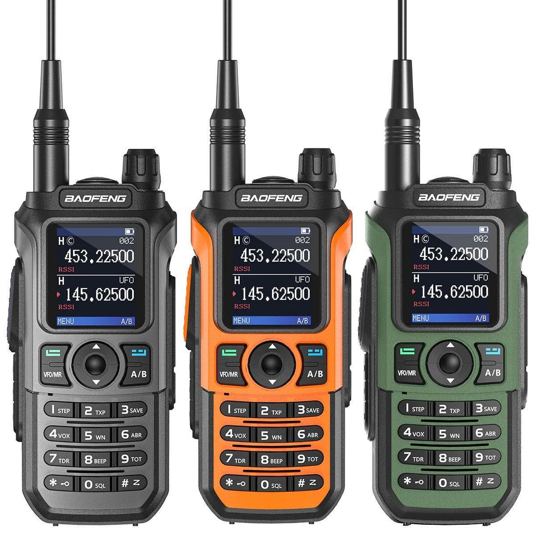 Bright orange Baofeng UV-21 Pro v2 walkie talkie featuring HD screen, LED flashlight, and waterproof rugged design.