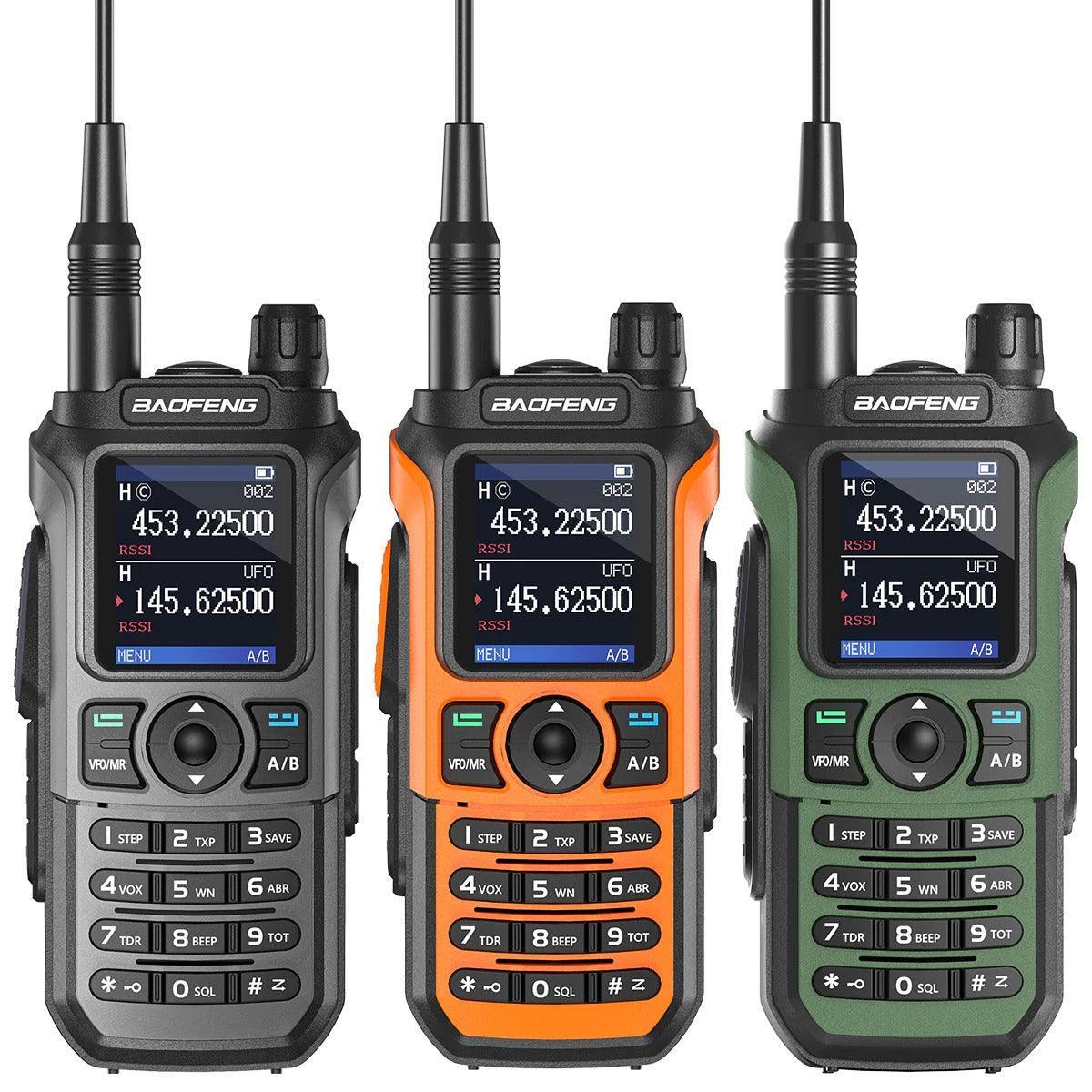 Bright orange Baofeng UV-21 Pro v2 walkie talkie featuring HD screen, LED flashlight, and waterproof rugged design.
