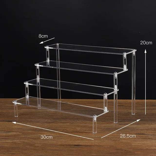 Tiered Display Stand for Figures with Clear or Wood Effect Shelves 4 tier 30x8cm