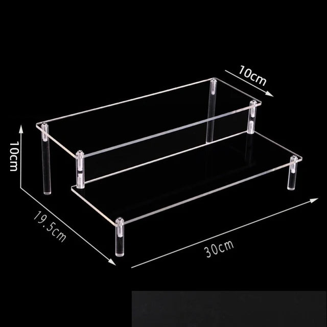 Tiered Display Stand for Figures with Clear or Wood Effect Shelves 2 tier 30x10cm