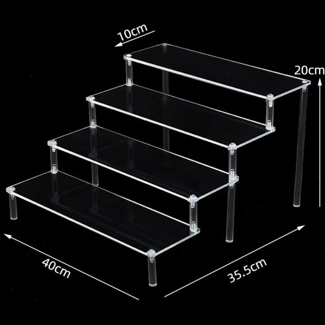 Tiered Display Stand for Figures with Clear or Wood Effect Shelves 4 tier 40x10cm