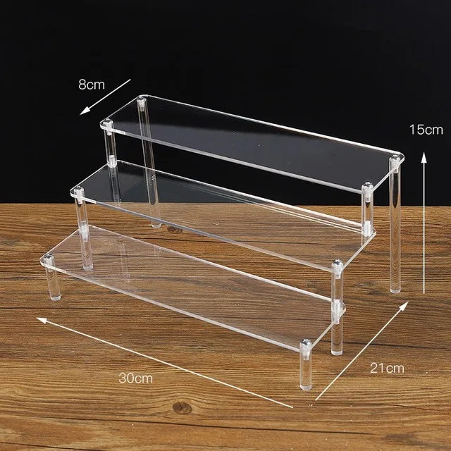 Tiered Display Stand for Figures with Clear or Wood Effect Shelves 3 tier 30x8cm