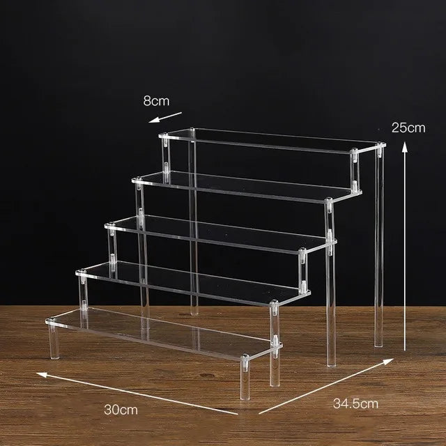 Tiered Display Stand for Figures with Clear or Wood Effect Shelves 5 tier 30x8cm