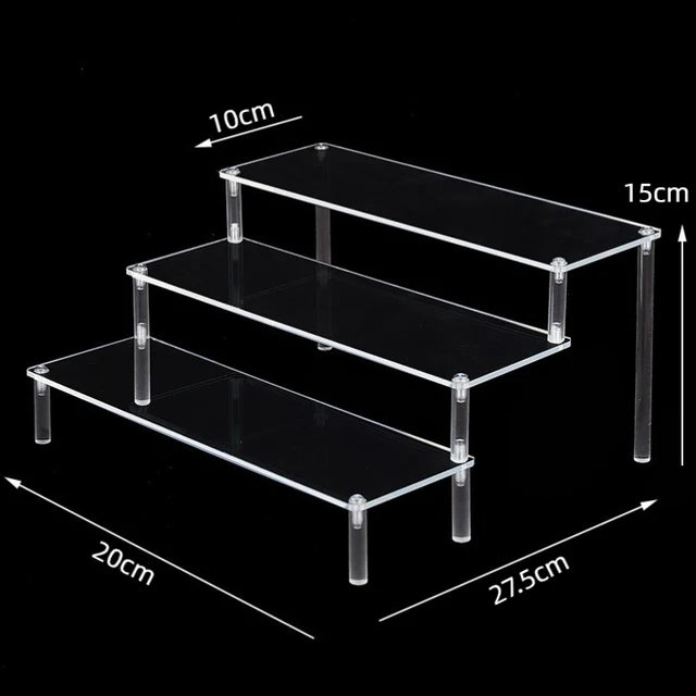 Tiered Display Stand for Figures with Clear or Wood Effect Shelves 3 tier 20x10cm