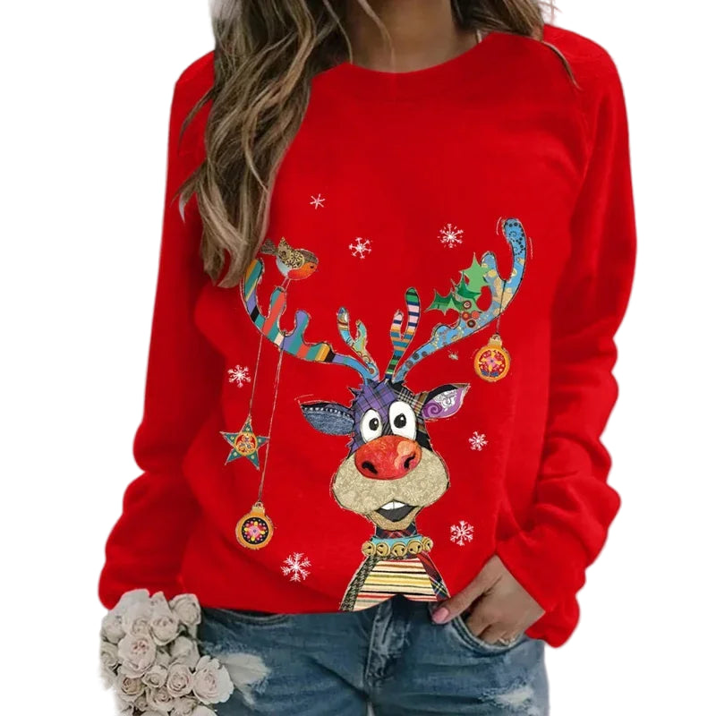 Women’s Christmas Printed Sweatshirt – Cozy Long Sleeve Holiday Jumper | Casual Winter Crewneck Pullover Red
