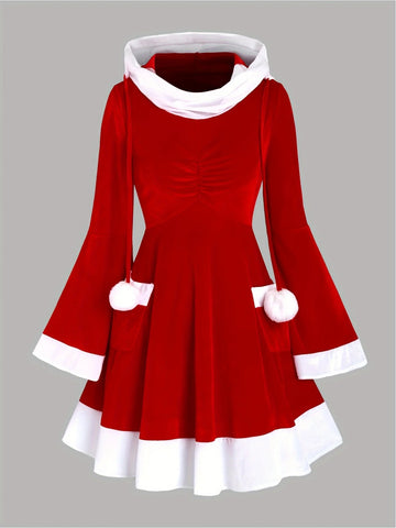 Women's Slim Fit Hooded Christmas Dress – Red Santa Style Holiday Party Outfit (European & American Festive Fashion)