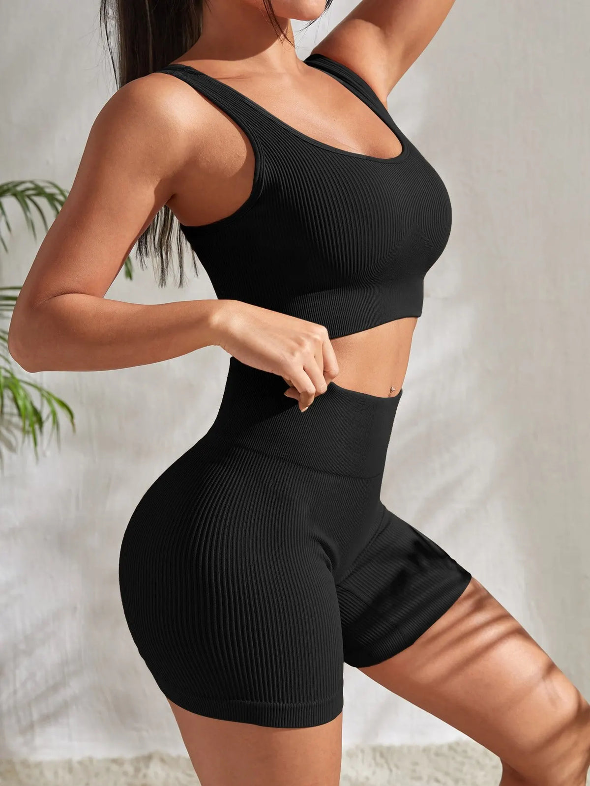 Women's Ribbed Seamless Yoga Set – Seamless Crop Tank & High Waist Shorts Black