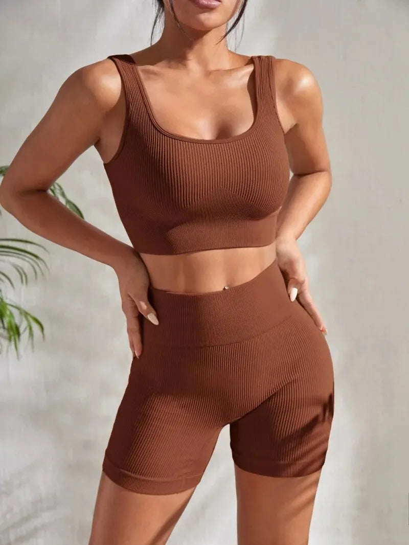 Women's Ribbed Seamless Yoga Set – Seamless Crop Tank & High Waist Shorts Brown