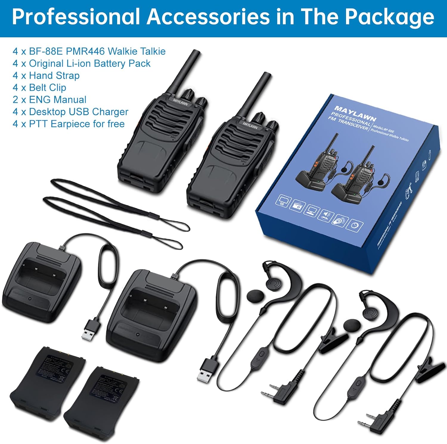Walkie Talkies Pack of 4, Long Range 16CH Walkie Talkies with LED Light Earpieces and Rechargeable Batteries - Birthday, Audio Set - Dicrodelights