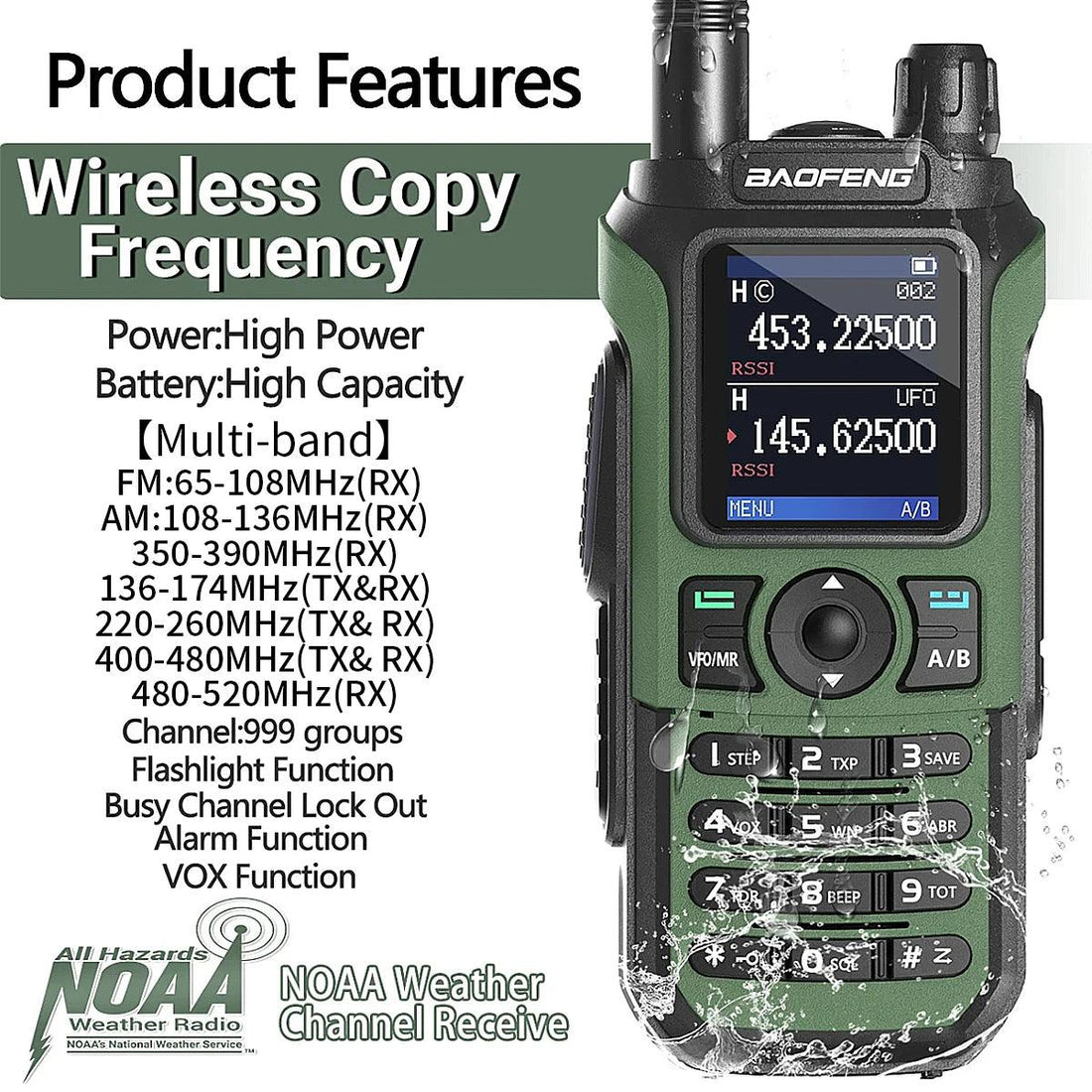 Bright orange Baofeng UV-21 Pro v2 walkie talkie featuring HD screen, LED flashlight, and waterproof rugged design.