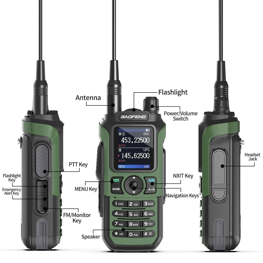 Green walkie-talkie with digital display on a white background