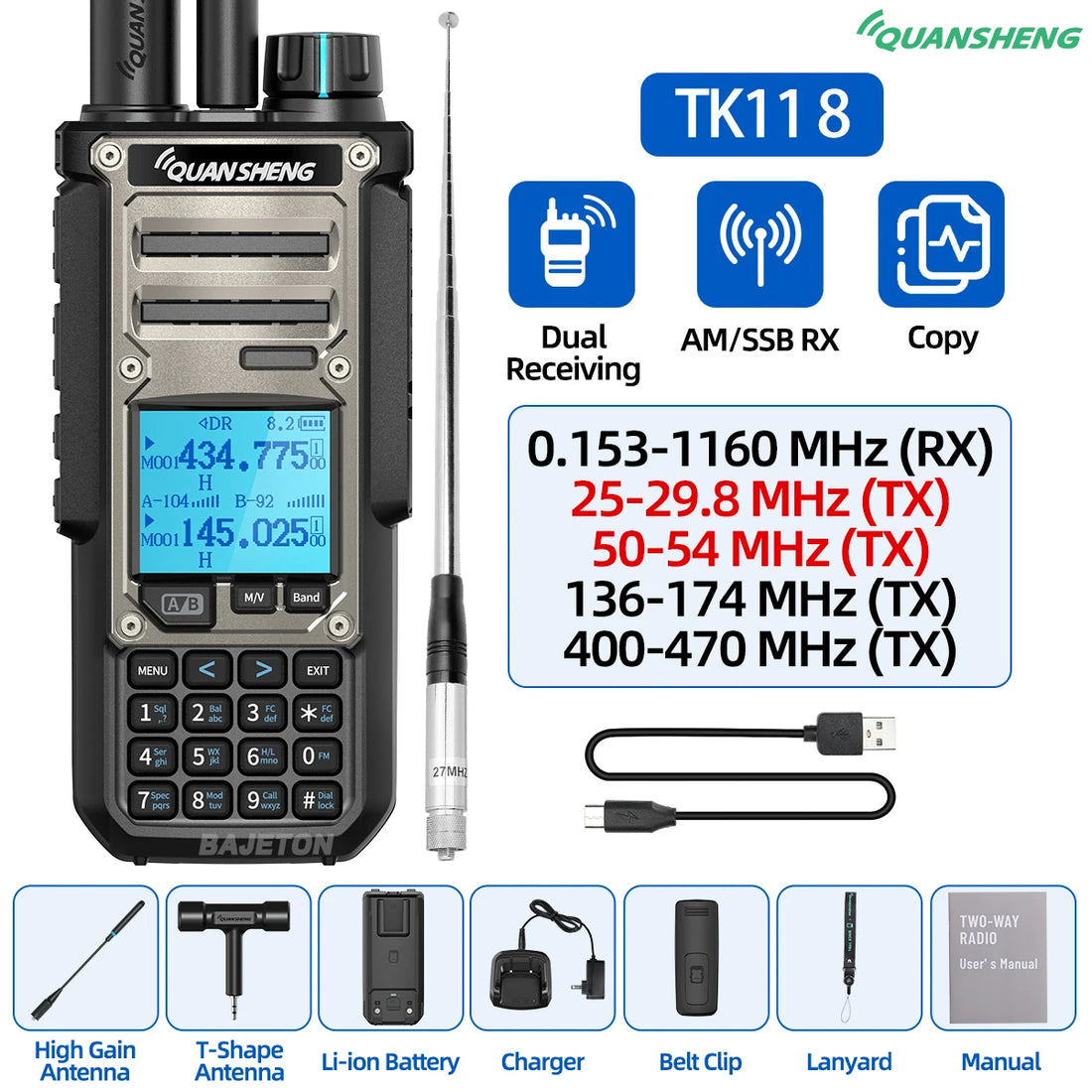 Quansheng TK11 8 Walkie Talkie with dual receiving, 10W power, NOAA support, and USB Type-C charging