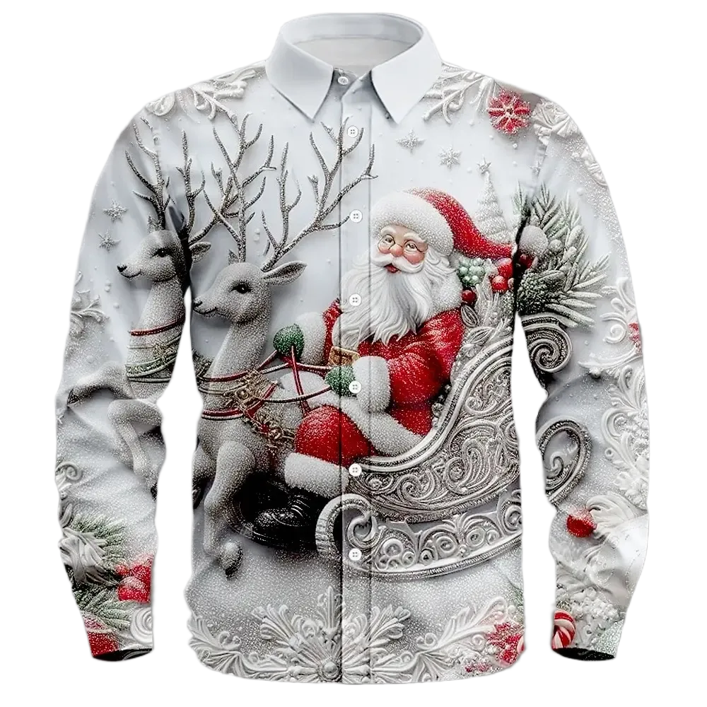 Men’s Christmas Santa Claus and Reindeer Slim Fit Long Sleeve Shirt – Festive Casual Holiday Streetwear Top