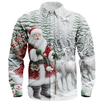 Men’s Christmas Santa Claus and Reindeer Slim Fit Long Sleeve Shirt – Festive Casual Holiday Streetwear Top