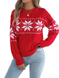 Women’s Christmas Sweater 2025 – Cozy Winter Snowflake Knitted Pullover, Contrast Color Holiday Jumper, Long Sleeve Warm Casual Top Red