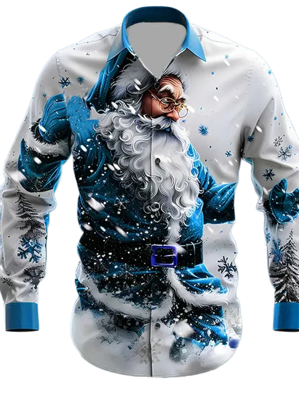 Men’s Christmas long sleeve shirt with breathable fabric and Santa Claus print, festive holiday fashion top for men