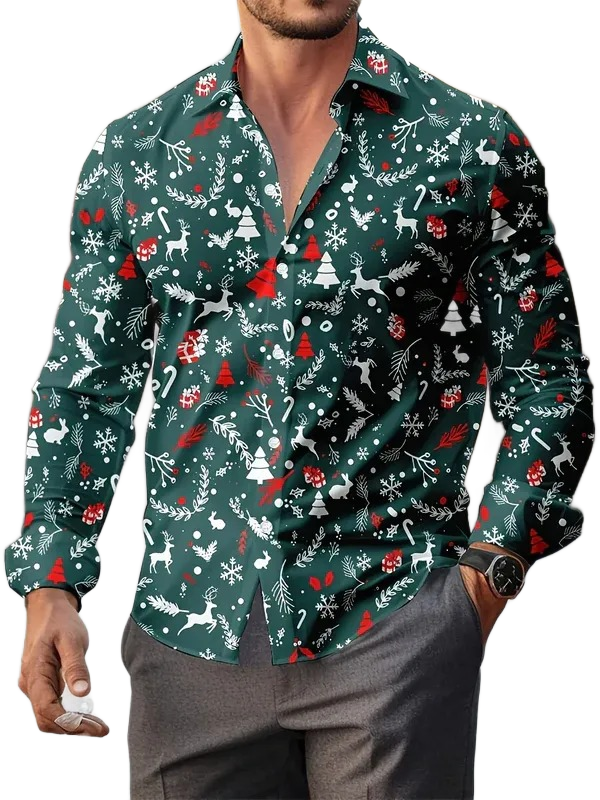 Men’s 3D Christmas print long sleeve shirt featuring Santa Claus and Christmas tree graphics, festive formal holiday shirt for men.