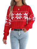 Women’s Christmas Sweater 2025 – Cozy Winter Snowflake Knitted Pullover, Contrast Color Holiday Jumper, Long Sleeve Warm Casual Top