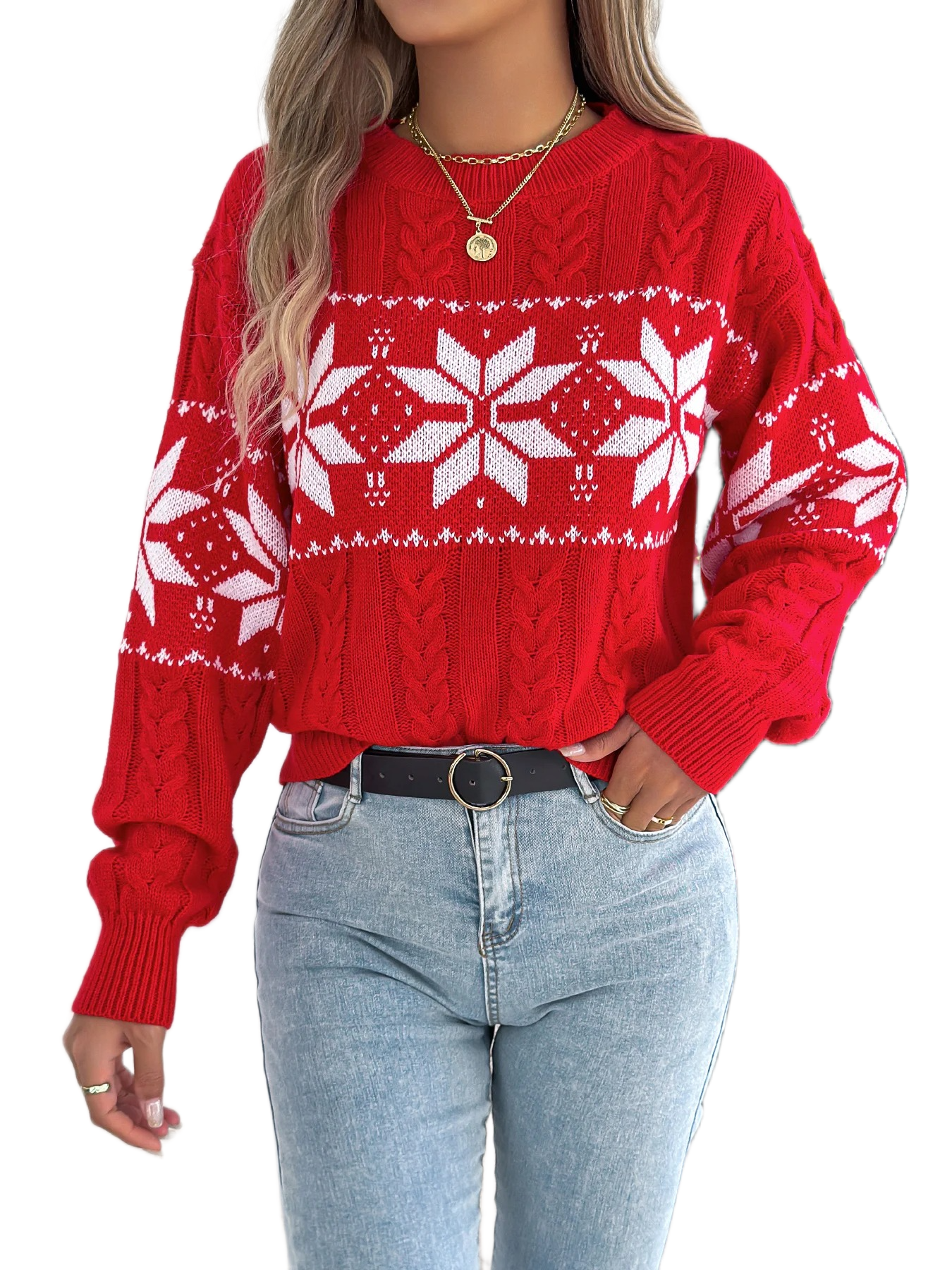 Women’s Christmas Sweater 2025 – Cozy Winter Snowflake Knitted Pullover, Contrast Color Holiday Jumper, Long Sleeve Warm Casual Top