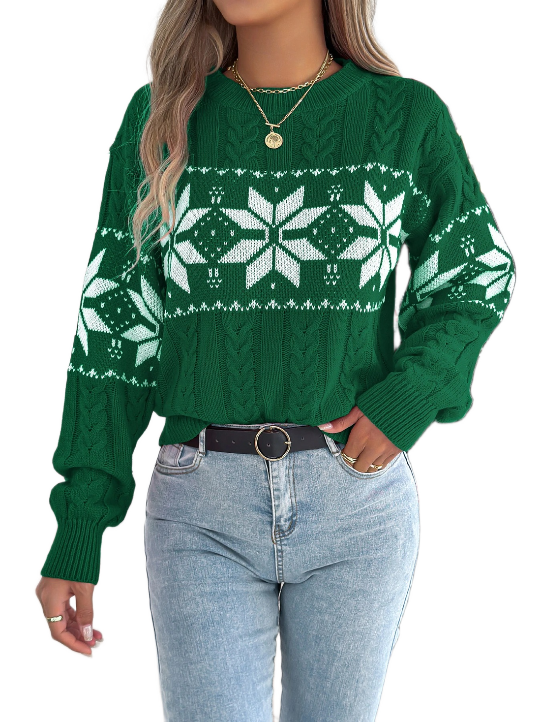 Women’s Christmas sweater with contrast snowflake pattern, knitted winter pullover with long sleeves and round neck