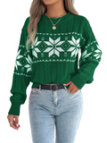 Women’s Christmas Sweater 2025 – Cozy Winter Snowflake Knitted Pullover, Contrast Color Holiday Jumper, Long Sleeve Warm Casual Top green